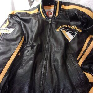H-527 VINTAGE NHL PITTSBURGH PENQUINS LEATHER BOMBER JACKET BY G-III CARL BANKS